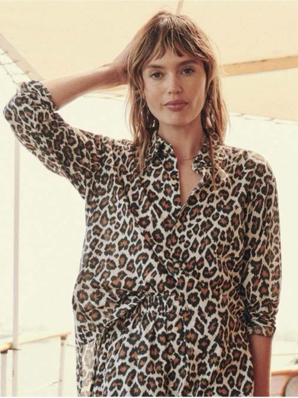 THE GREAT. The Post Top Button Down Shirt in Heritage Leopard Animal Print
